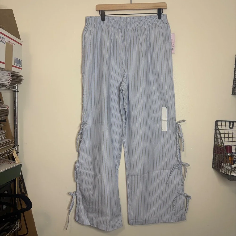 Women's Large Wide Leg Pants Target Blue Striped Tie Detail High Waist New - Picture 3 of 9
